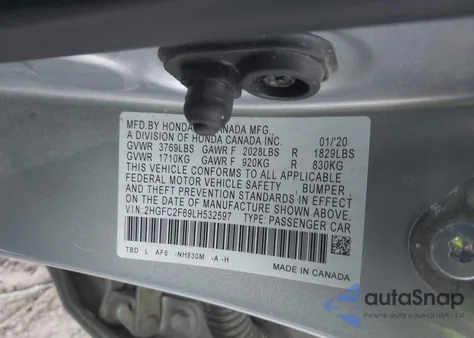 2020 Honda Civic Lx из США, поврежденный, VIN 2HGFC2F69LH532597